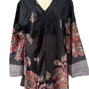 Black Satin and Beaded Black Naina brand Pakistani Bell Sleeve Mini Dress